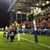 Harry Davey scores Doncaster Knights' first try during the Premiership Rugby Cup match against Bristol Bears at Castle Park (photo by George Wood/Getty Images).