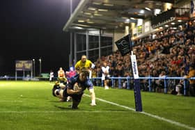 Harry Davey scores Doncaster Knights' first try during the Premiership Rugby Cup match against Bristol Bears at Castle Park (photo by George Wood/Getty Images).