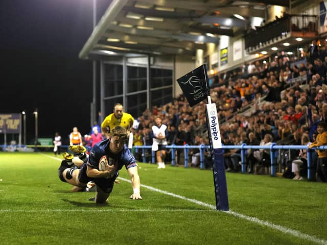 Harry Davey scores Doncaster Knights' first try during the Premiership Rugby Cup match against Bristol Bears at Castle Park (photo by George Wood/Getty Images).