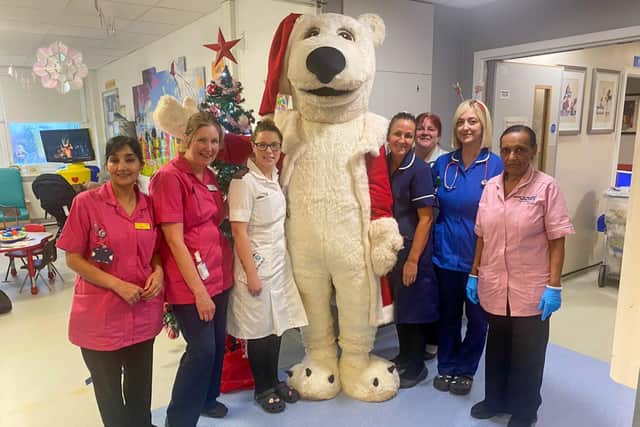 Victor the Polar bear spreads festive cheer at Doncaster Royal Infirmary Children’s Ward.