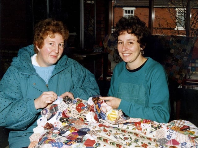 Creating a patchwork quilt at Conisbrough Library in 1992 were Catherine Beech (left) and Gillian Oakley
