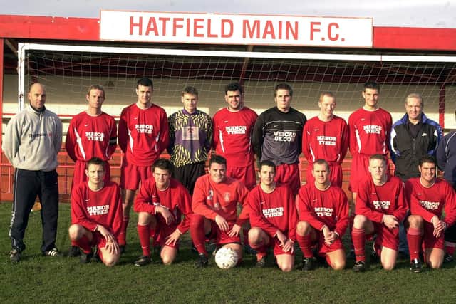 Hatfield Main FC, pictured in 2002. Back row (l-r): Manager Paul Ward, captain Nigel Downing, Ian Bagshaw, Andy Gilliot, Nicky Ball, Gary Strephan, Jonathan Groome, Danny Jarvis, assistant manager Stewart Downing and sponge man Brian Knight. Front (l-r): Phil Beal, Darren Boyd, Shane Fox, Gary Blunt, Darren Phipps, Paul Bradley and Paul Smaller.