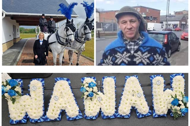 Doncaster football fan Ricky Hartley was given a Sheffield Wednesday themed funeral, with blue and white plumed horses and a floral tribute spelling out WAWAW.