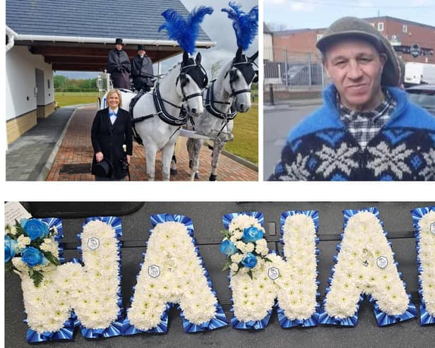 Doncaster football fan Ricky Hartley was given a Sheffield Wednesday themed funeral, with blue and white plumed horses and a floral tribute spelling out WAWAW.