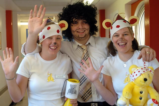 l/r: Carla Gooder, Ian Smith and Heather Roper at Doncaster Royal Infirmary dressed up for Children in Need in 2004