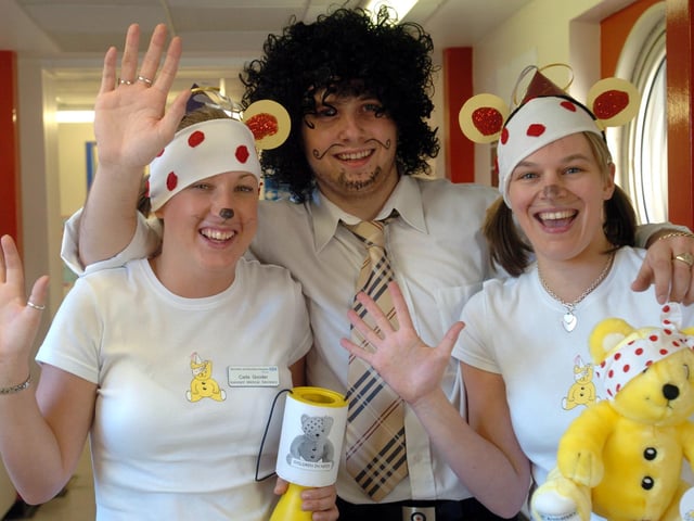 l/r: Carla Gooder, Ian Smith and Heather Roper at Doncaster Royal Infirmary dressed up for Children in Need in 2004