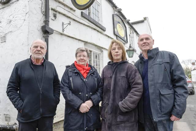 The Old Bells at Campsall. Mike Morgan chair parish council, Brenda McLaughlin , Sue Walker , Eric Lowry outside the empty pub