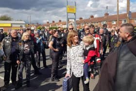 Sarah Walters with son Jayden and the bikers who helped celebrate his fourth birthday