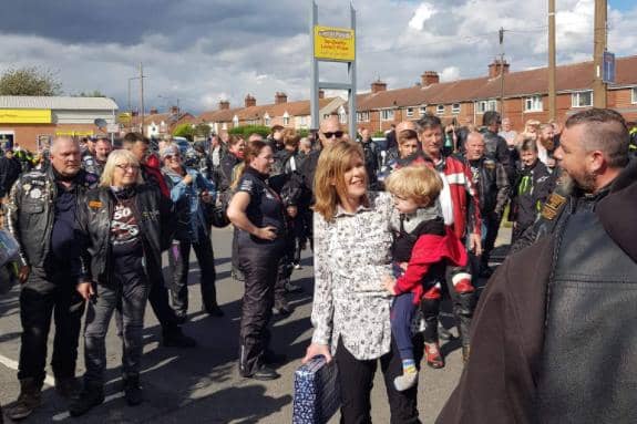 Sarah Walters with son Jayden and the bikers who helped celebrate his fourth birthday