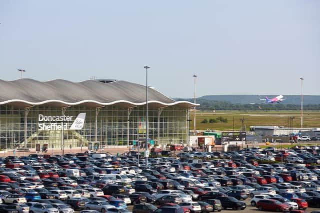 A Wizz Air plane takes off at Doncaster Sheffield Airport.