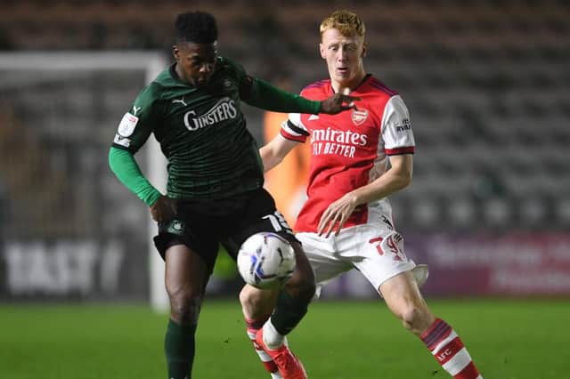 Kieran Agard in action for Plymouth Argyle. Photo by David Price/Arsenal FC via Getty Images