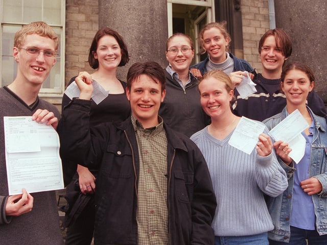 Mark Senior, Ian Sudbery, Kate Bellamy, and Katy Schatzberger, Eleanor Williamson, Alys Walton, Anne Bowers, and Ceris Owen show off their results in 1999