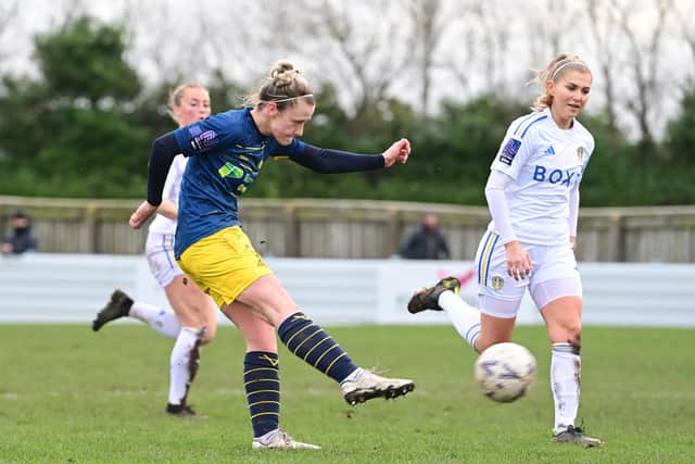 Jasmine Saxton shoots for Doncaster Rovers Belles against Leeds United.  (Picture: Howard Roe/AHPIX LTD courtesy of Doncaster Rovers Belles)