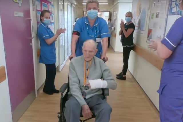 Albert Chambers survived WW2 as a Coldstream Guard. Now he's survived Coronavirus, He is pictured getting a guard of honour as he leaves hospital in Doncaster