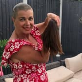 Newly shaved Denise after her charity hair cut