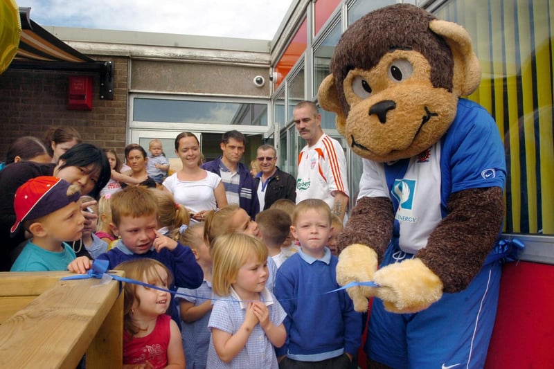 Pools mascot H'Angus gives a helping hand during the 2008 opening of the school's nursery garden. Have you spotted someone you know?