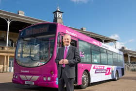 Rebranded bus at Doncaster Racecourse. Photo by Mike Sewell.