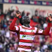 Ephraim Yeboah celebrates his first goal in a Rovers shirt. Pic: Howard Roe.