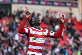 Ephraim Yeboah celebrates his first goal in a Rovers shirt. Pic: Howard Roe.