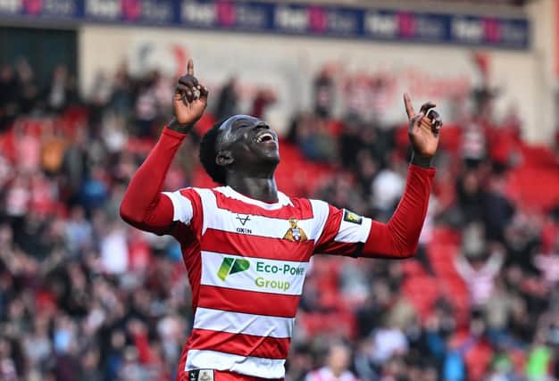 Ephraim Yeboah celebrates his first goal in a Rovers shirt. Pic: Howard Roe.