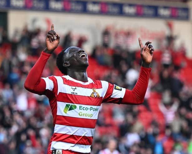 Ephraim Yeboah celebrates his first goal in a Rovers shirt. Pic: Howard Roe.