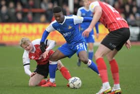 Substitute Kieran Agard is put under pressure. Picture: Howard Roe/AHPIX LTD