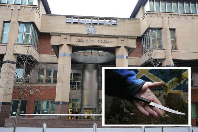 A knife-wielding thug is given a suspended prison sentence at Sheffield Crown Court, pictured, after he threatened to kill a woman's pet dog.