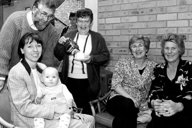 Coffee Morning at the Armthorpe community centre, pictured left to right: Claire Fenney with 8-month-old Georgina, John Armstrong, Margery Dinsdale, Maureen Steele and Sandra Tomlinson, October 1996