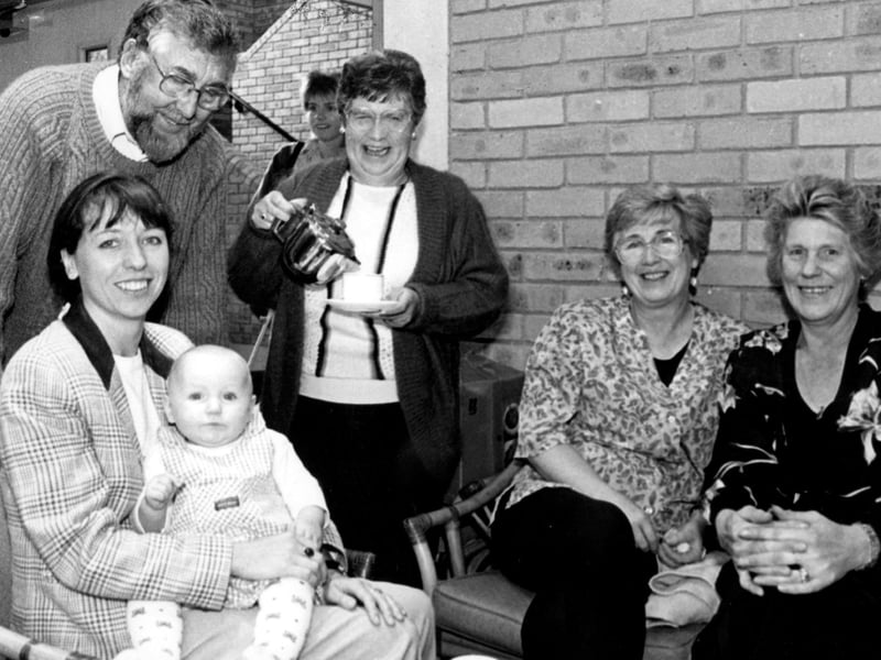 Coffee Morning at the Armthorpe community centre, pictured left to right: Claire Fenney with 8-month-old Georgina, John Armstrong, Margery Dinsdale, Maureen Steele and Sandra Tomlinson, October 1996
