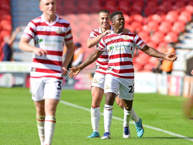 Doncaster's Kieran Agard celebrates his winning goal against Sutton United.