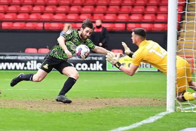 Aidan Barlow goes close against Walsall on the final day of the season.