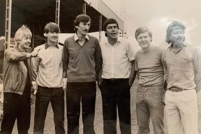 Ernie Moss (third from right) joined Rovers in the summer of 1983 along with Bill Green (third from left), John Breckin (second from right) and Andy Kowalski (right). Here they are pictured with the Snodin brother, Glyn and Ian.