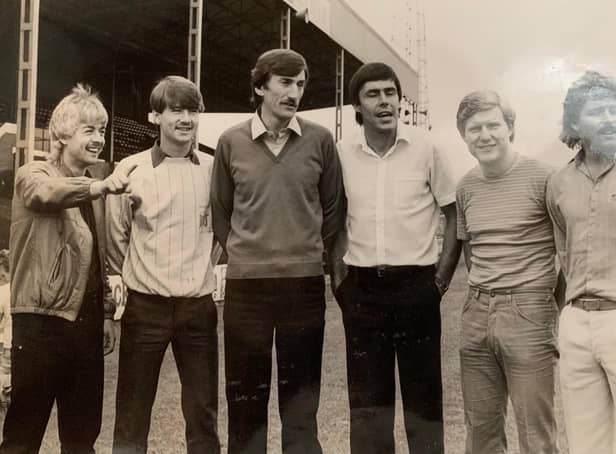 Ernie Moss (third from right) joined Rovers in the summer of 1983 along with Bill Green (third from left), John Breckin (second from right) and Andy Kowalski (right). Here they are pictured with the Snodin brother, Glyn and Ian.