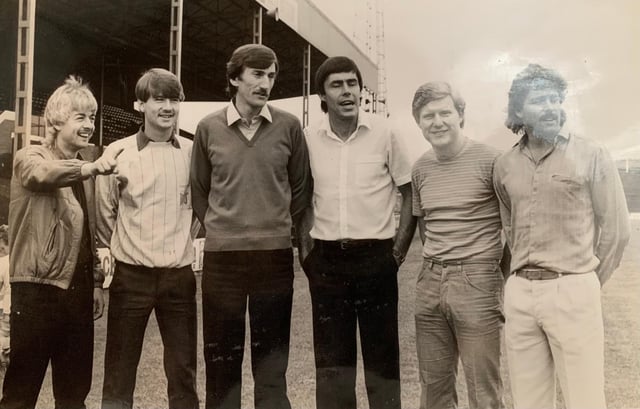 Ernie Moss (third from right) joined Rovers in the summer of 1983 along with Bill Green (third from left), John Breckin (second from right) and Andy Kowalski (right). Here they are pictured with the Snodin brother, Glyn and Ian.