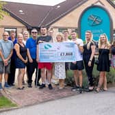 Brandon Burke (sixth from the right) is pictured with St John’s Hospice Fundraiser Tracey Gaughan (centre), with friends and family who have supported his fundraising in memory of his fiancée Melissa Mountford.