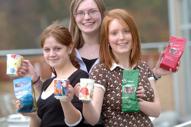 Sixth formers Rosie Huzzard, Harriet Robinson and Sophie Bennet who organised a fair trade coffee morning with other members of the Justice Group at Tapton School, Sheffield in 2004