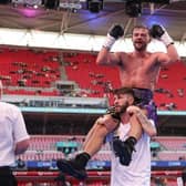 Josh Padley celebrates upset win over previously unbeaten lightweight contender Mark Chamberlain on Sept. 21 Riyadh Season UK Launch at Wembley Stadium Photo by Mark Robinson, Matchroom Boxing