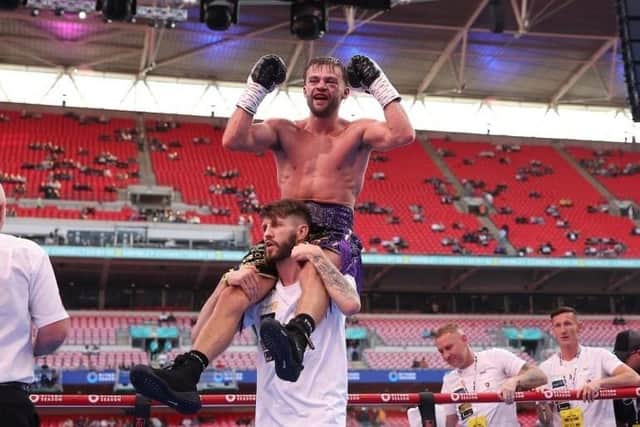 Josh Padley celebrates upset win over previously unbeaten lightweight contender Mark Chamberlain on Sept. 21 Riyadh Season UK Launch at Wembley Stadium Photo by Mark Robinson, Matchroom Boxing