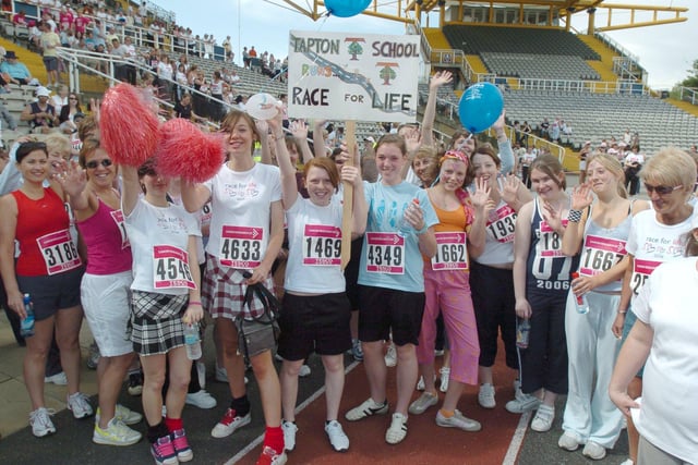 Race for Life, at Don Valley Stadium, Sheffield. Seen are runners  from Tapton schoo in 2006
