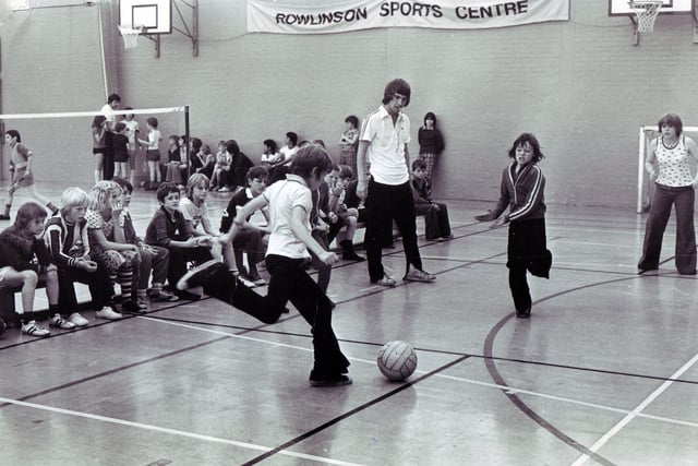 Five-a-side soccer in the gymnasium at the summer playscheme at Rowlinson sports complex, Sheffield on July 25, 1977