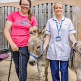 Pictured from the left are Jenny Howarth, of the donkey sanctuary and Angela Wild, physio at the hospice, with donkeys Toby and Millie