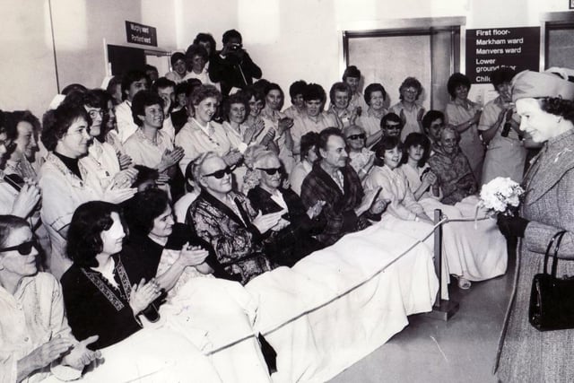 Queen Elizabeth II pays a visit to Chesterfield Royal Hospital in 1985.
