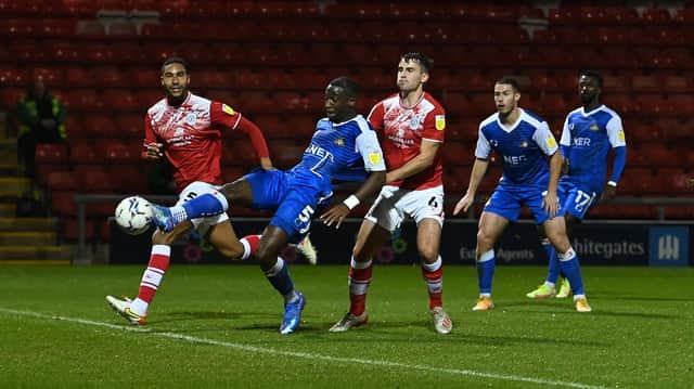 Joseph Olowu scores his first senior goal during Rovers' draw with Crewe. Picture: Howard Roe/AHPIX