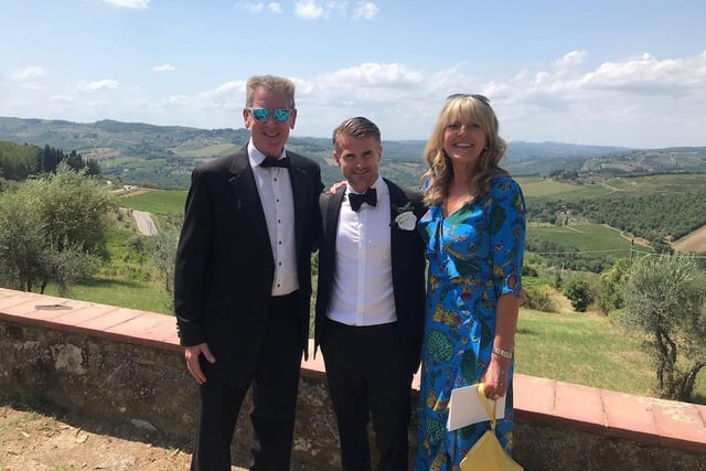 Sam Edgerley (centre) at his wedding in Italy with Bob and Linda Munro
