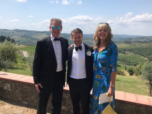 Sam Edgerley (centre) at his wedding in Italy with Bob and Linda Munro
