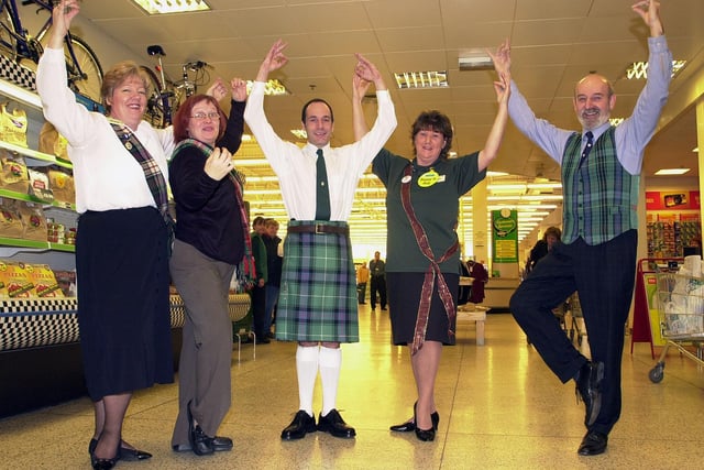 Carcroft's Asda store has held a Robbie Burns day in 2001. Our picture shows, from left, events co-ordinator Grace Curtis, food hygiene manager Angela Foster, meat manager Kenneth Southern, customer service desk colleague Lorna Kirk and Keith Stacey, of the Doncaster Branch of the Royal Scottish Country Dancing Society.