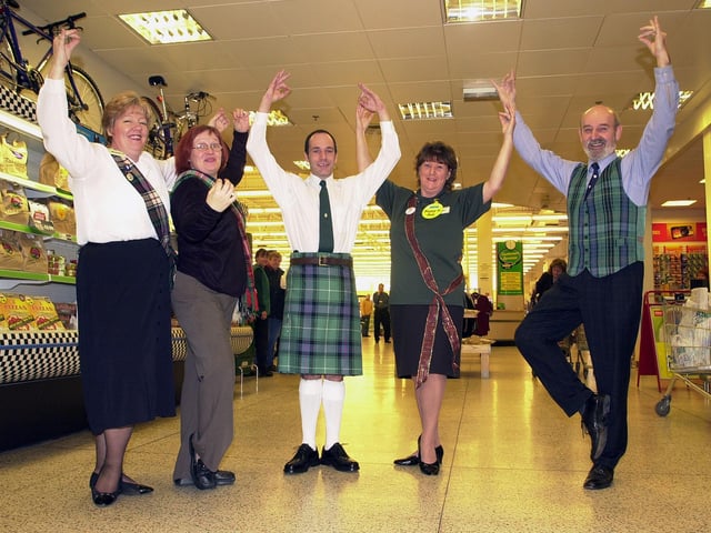 Carcroft's Asda store has held a Robbie Burns day in 2001. Our picture shows, from left, events co-ordinator Grace Curtis, food hygiene manager Angela Foster, meat manager Kenneth Southern, customer service desk colleague Lorna Kirk and Keith Stacey, of the Doncaster Branch of the Royal Scottish Country Dancing Society.