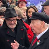 Ricky Butler chats with George Galloway and Arthur Scargill at the parade.