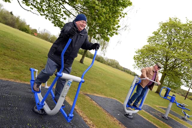 Askern Town Councillors Francis Jackson and John McLaughlin, pictured trying out the new Outdoor Exercise equipment that has been installed. Picture: NDFP-04-05-21-OutdoorGym 3-NMSY