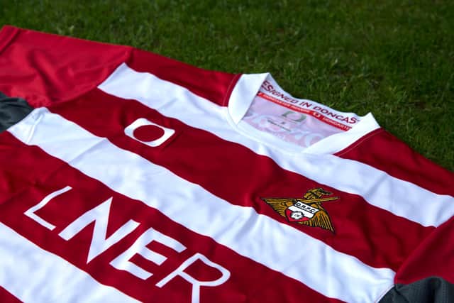 A close-up of Doncaster Rovers' new home shirt for the 2020/21 season